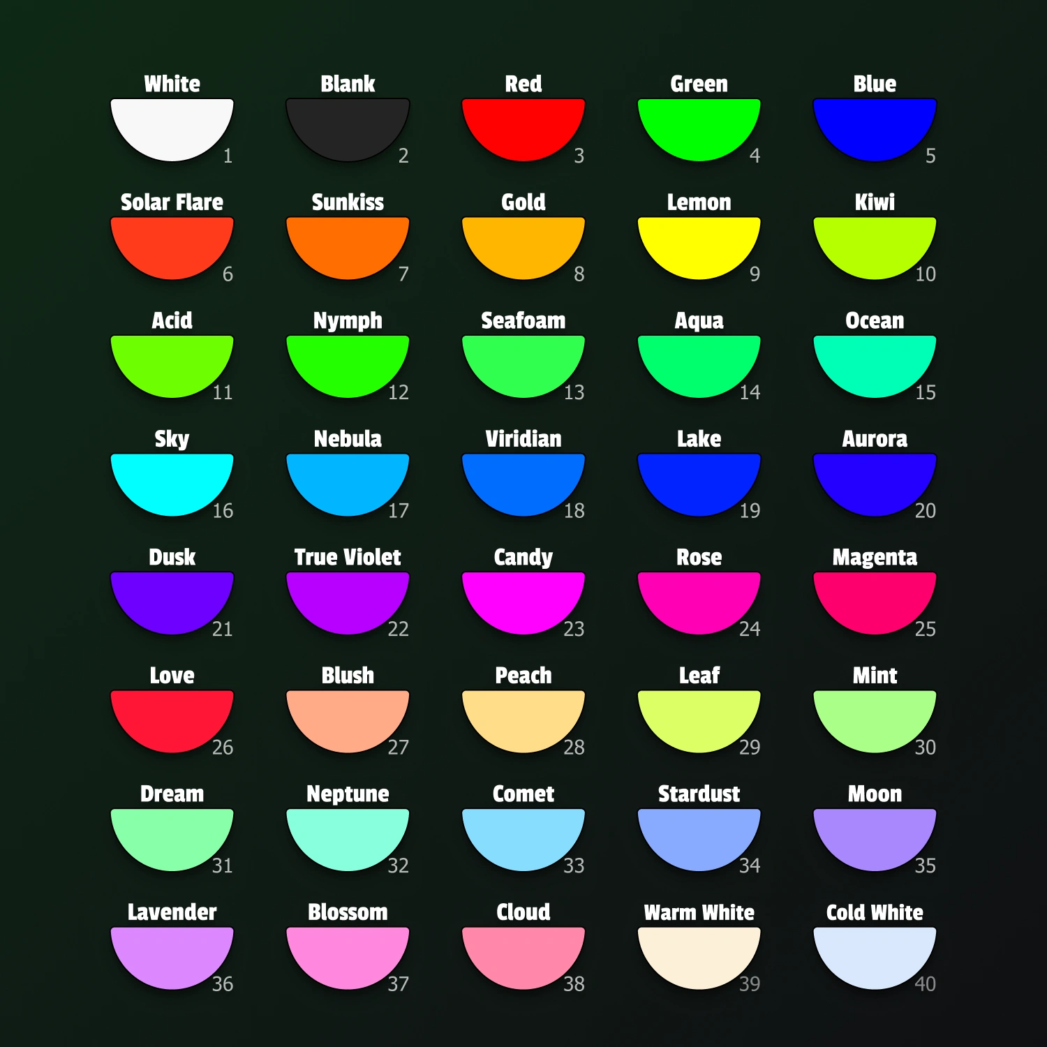 Color pallet for SE Atom LED gloves, 40 shades including White, Red, Solar Flare, Ocean, etc.