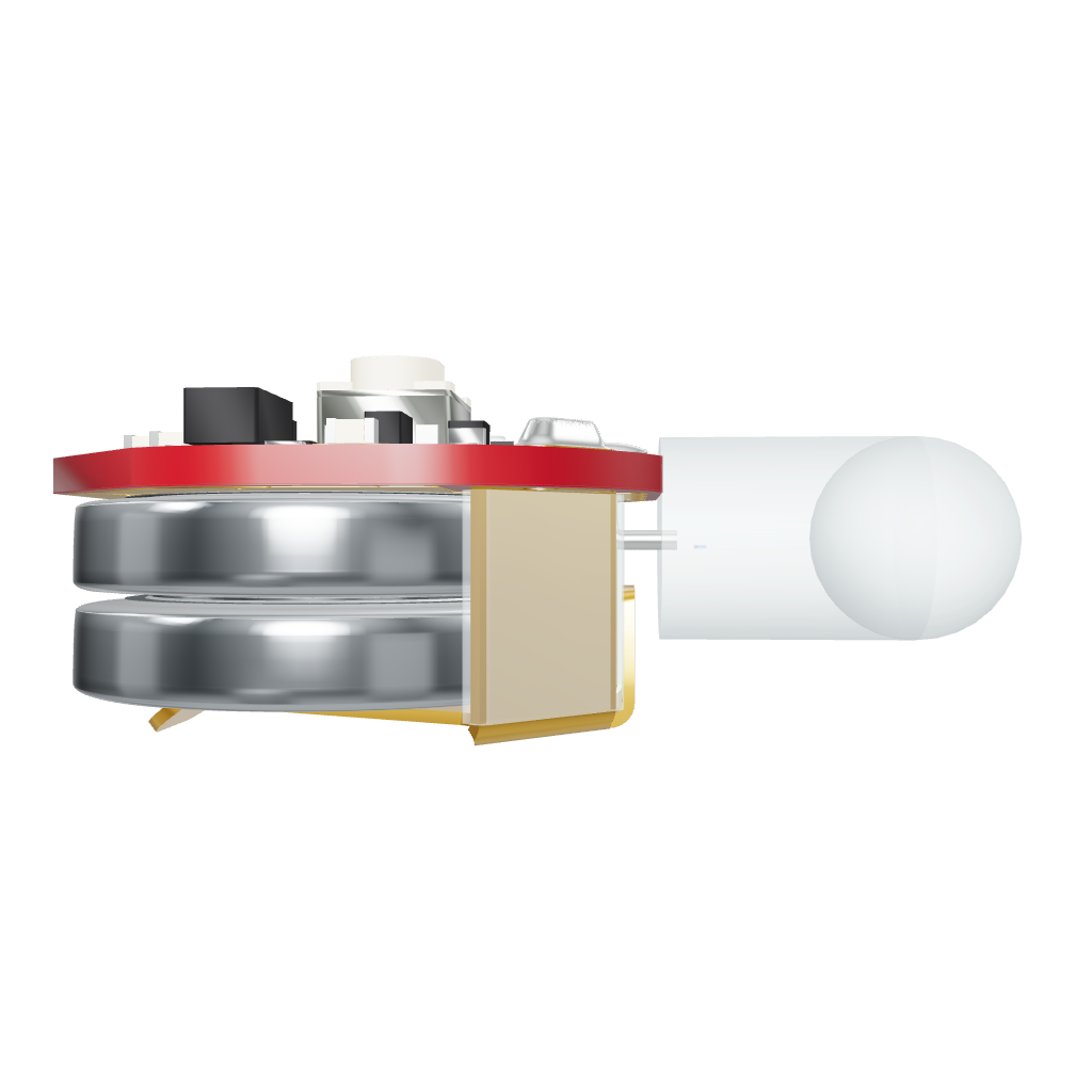 Interactive 3D model of the Atom microlight — compact RGB LED with frosted bulb, controller board, and coin-cell batteries.