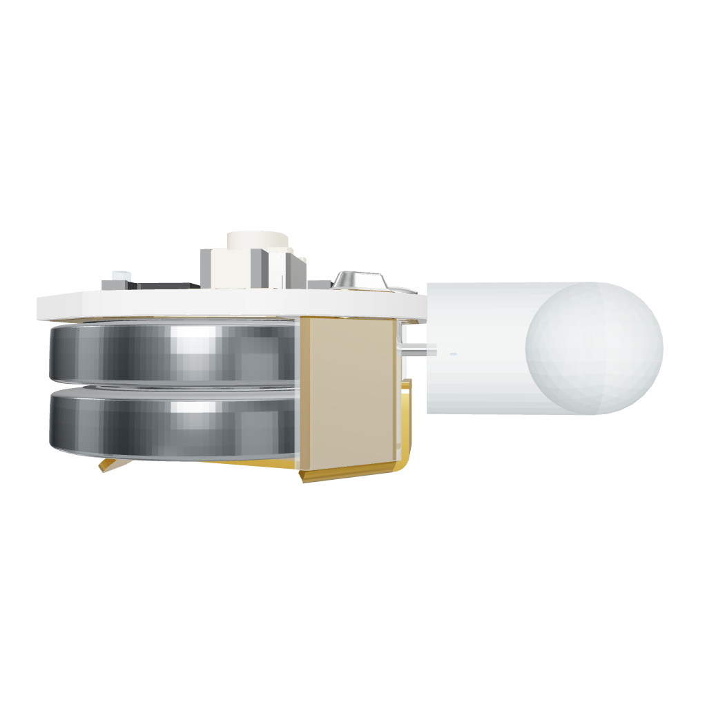 Interactive 3D model of the Ion microlight — compact RGB LED with frosted bulb, controller board, and coin-cell batteries.