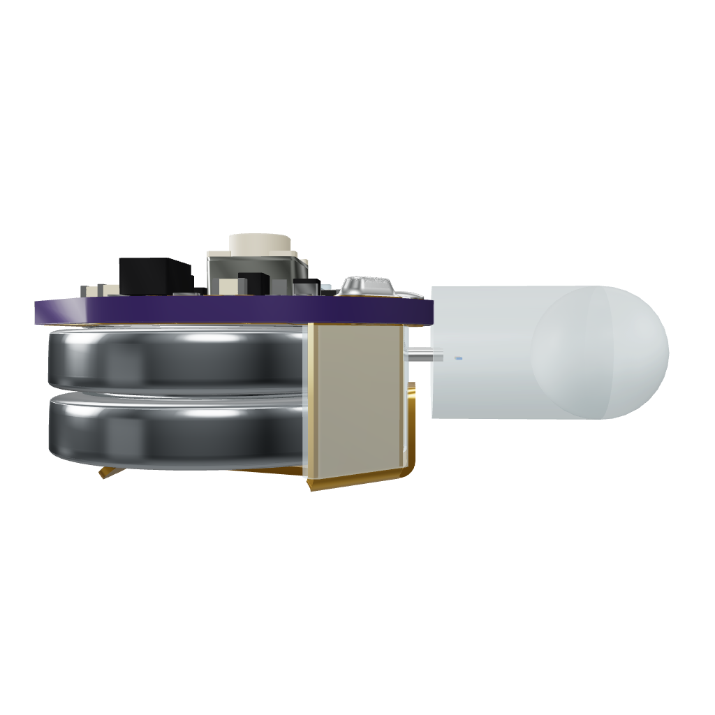 Interactive 3D model of the SE Atom microlight — compact RGB LED with frosted bulb, controller board, and coin-cell batteries.